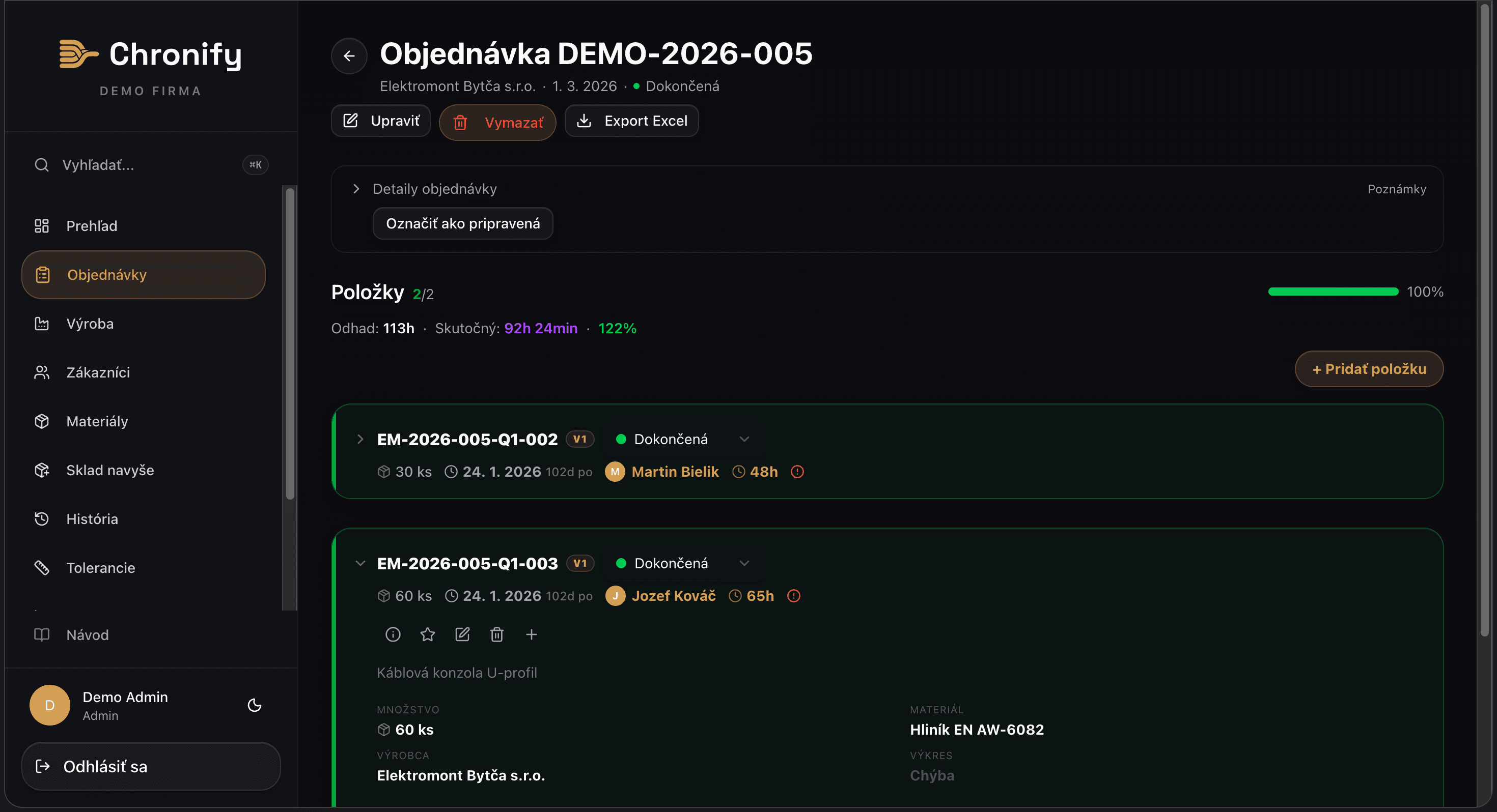 Chronify – objednávka detail s položkami a termínmi (DEMO-2026-005, dokončená)